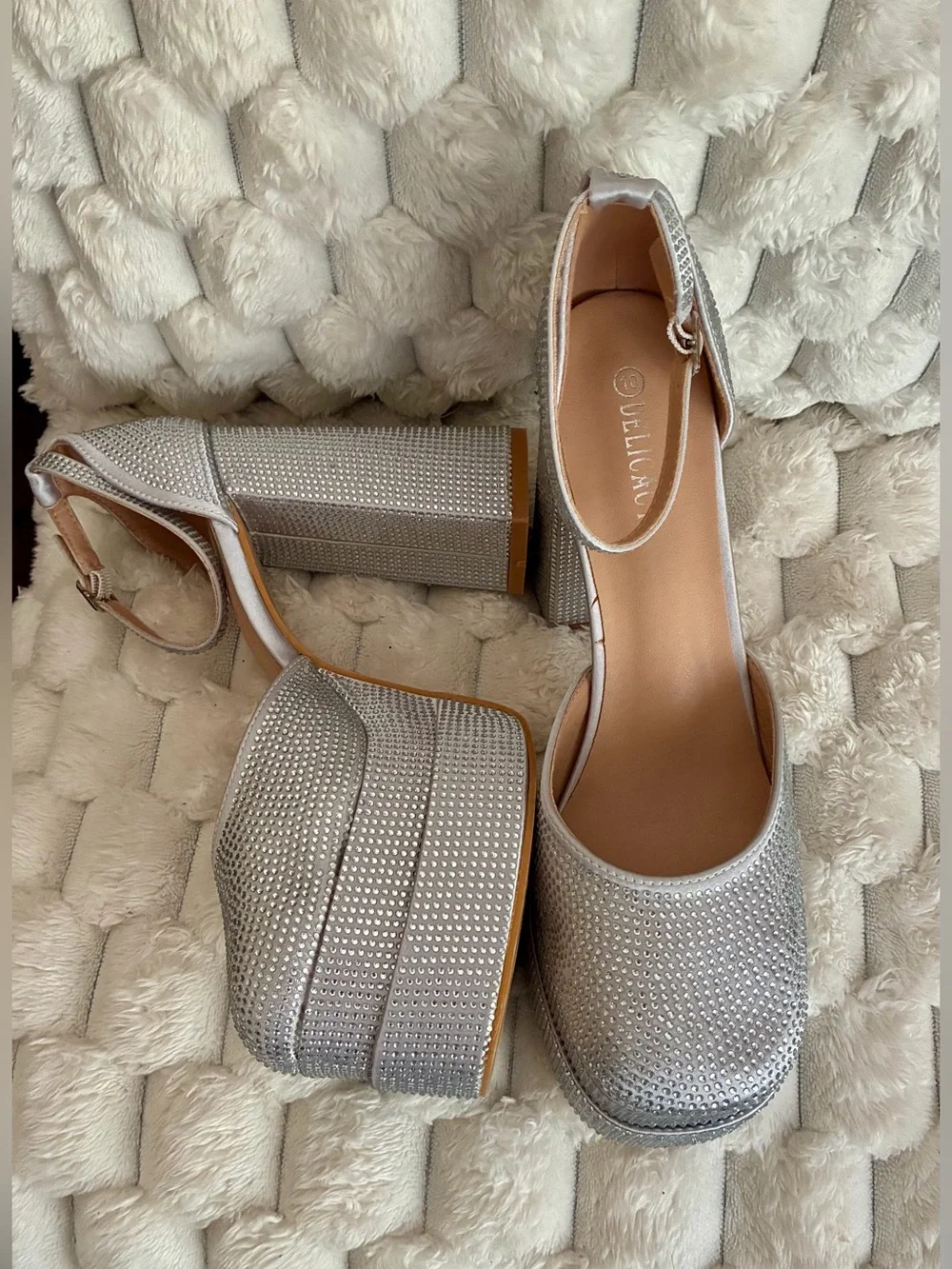 Silver Rhinestone Platform Block Heels with Ankle Strap